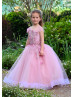 Mauve Lace Tulle V Back Floor Length Flower Girl Dress